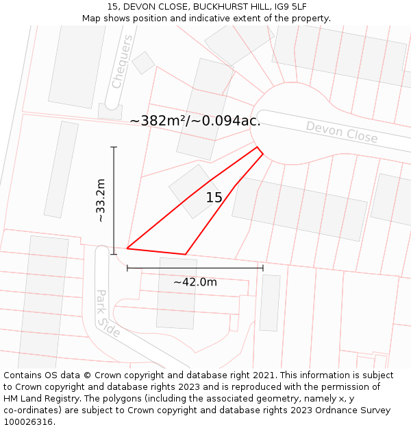 15, DEVON CLOSE, BUCKHURST HILL, IG9 5LF: Plot and title map
