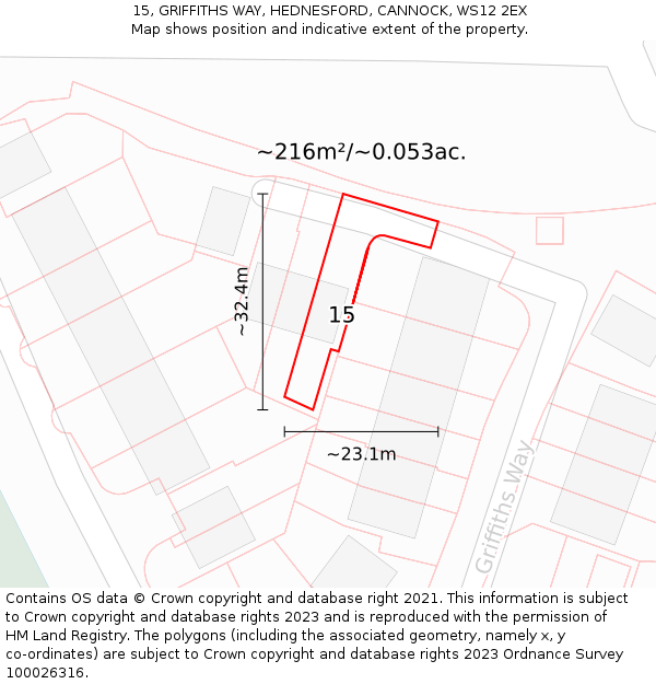 15, GRIFFITHS WAY, HEDNESFORD, CANNOCK, WS12 2EX: Plot and title map