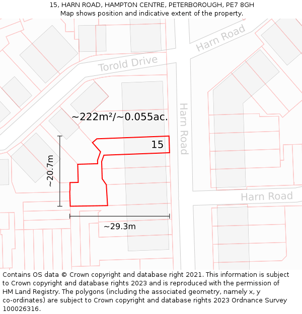 15, HARN ROAD, HAMPTON CENTRE, PETERBOROUGH, PE7 8GH: Plot and title map