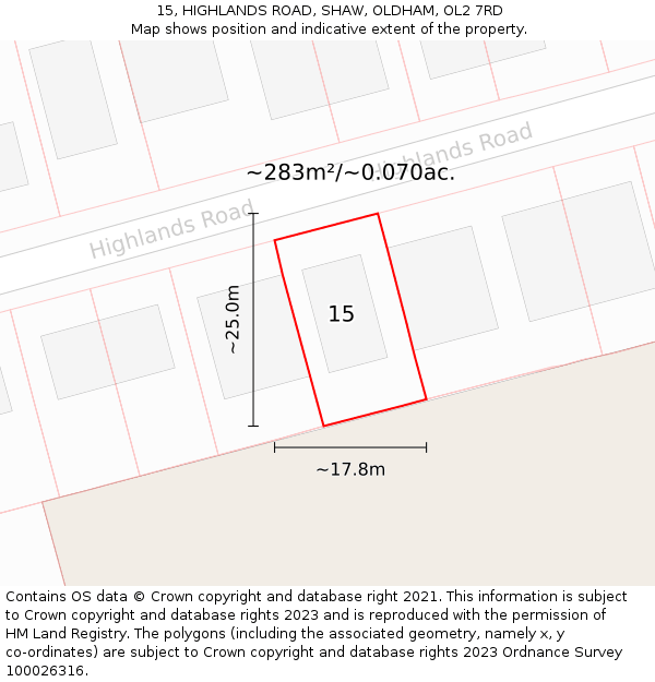 15, HIGHLANDS ROAD, SHAW, OLDHAM, OL2 7RD: Plot and title map