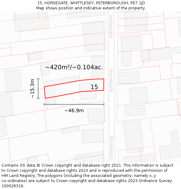 15, HORSEGATE, WHITTLESEY, PETERBOROUGH, PE7 1JD: Plot and title map