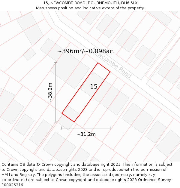 15, NEWCOMBE ROAD, BOURNEMOUTH, BH6 5LX: Plot and title map