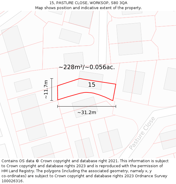 15, PASTURE CLOSE, WORKSOP, S80 3QA: Plot and title map