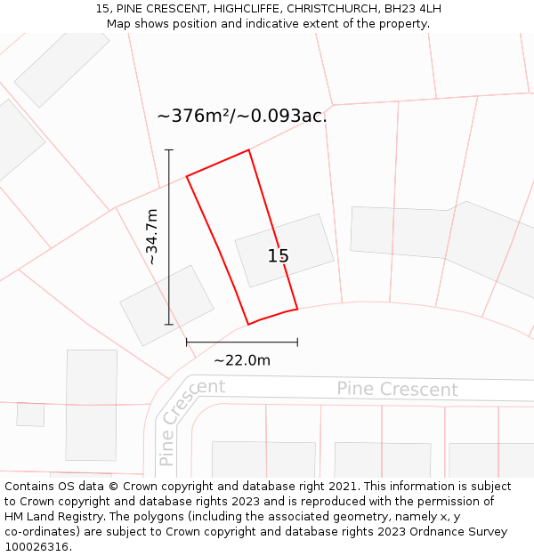 15, PINE CRESCENT, HIGHCLIFFE, CHRISTCHURCH, BH23 4LH: Plot and title map