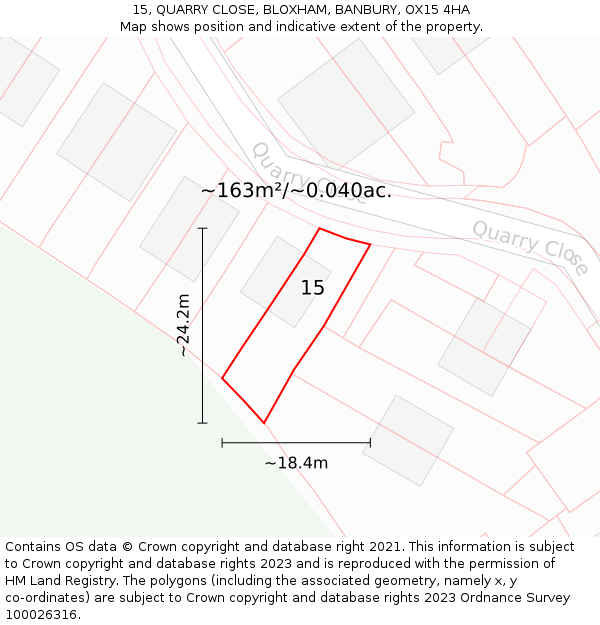15, QUARRY CLOSE, BLOXHAM, BANBURY, OX15 4HA: Plot and title map