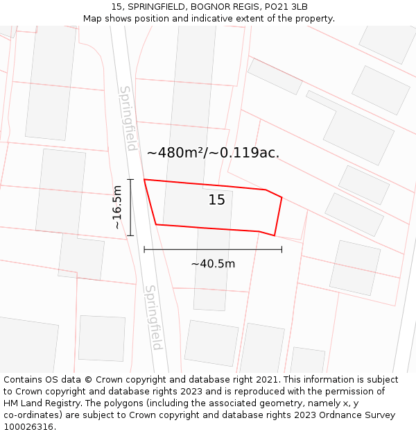 15, SPRINGFIELD, BOGNOR REGIS, PO21 3LB: Plot and title map
