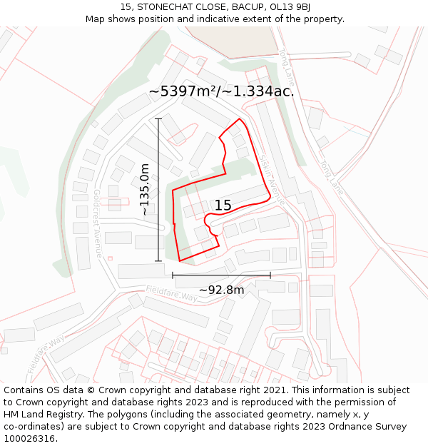 15, STONECHAT CLOSE, BACUP, OL13 9BJ: Plot and title map