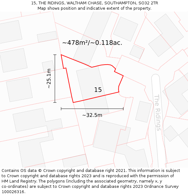 15, THE RIDINGS, WALTHAM CHASE, SOUTHAMPTON, SO32 2TR: Plot and title map