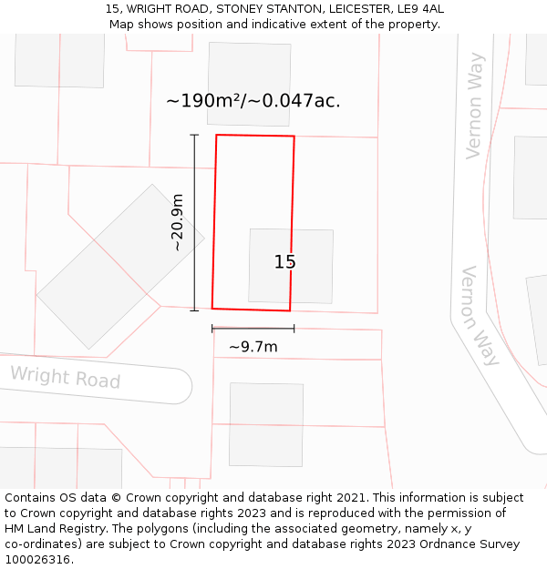 15, WRIGHT ROAD, STONEY STANTON, LEICESTER, LE9 4AL: Plot and title map