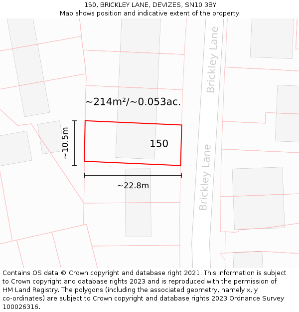 150, BRICKLEY LANE, DEVIZES, SN10 3BY: Plot and title map