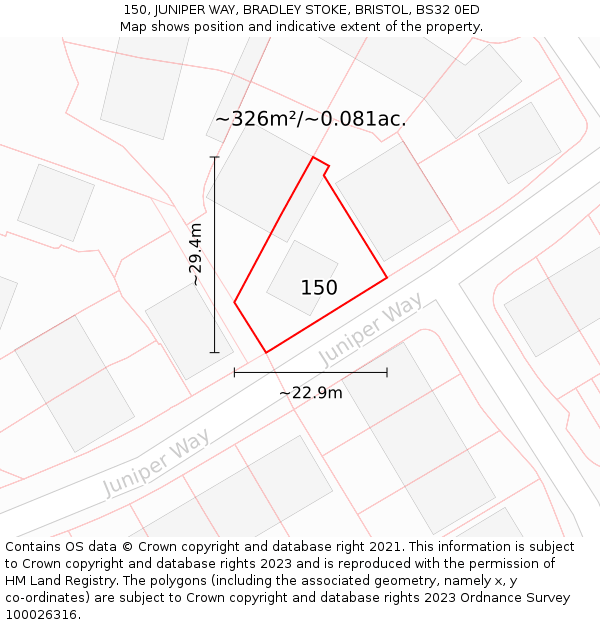 150, JUNIPER WAY, BRADLEY STOKE, BRISTOL, BS32 0ED: Plot and title map