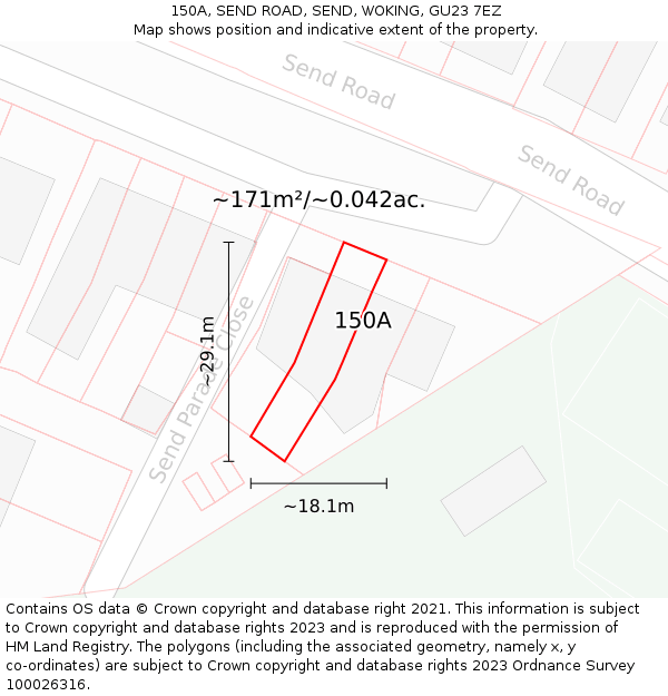 150A, SEND ROAD, SEND, WOKING, GU23 7EZ: Plot and title map
