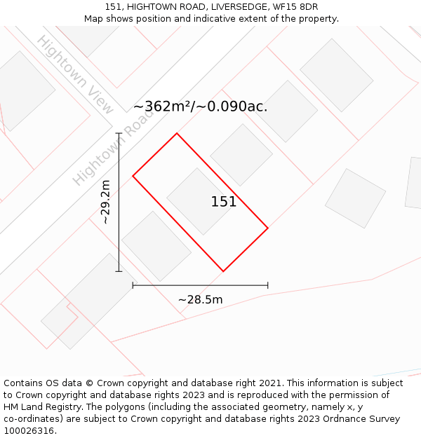 151, HIGHTOWN ROAD, LIVERSEDGE, WF15 8DR: Plot and title map