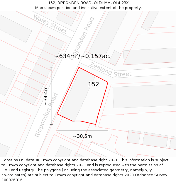 152, RIPPONDEN ROAD, OLDHAM, OL4 2RX: Plot and title map