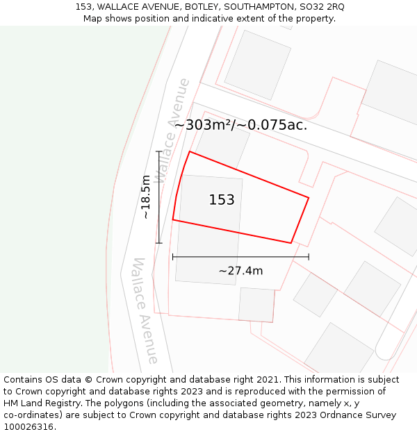 153, WALLACE AVENUE, BOTLEY, SOUTHAMPTON, SO32 2RQ: Plot and title map
