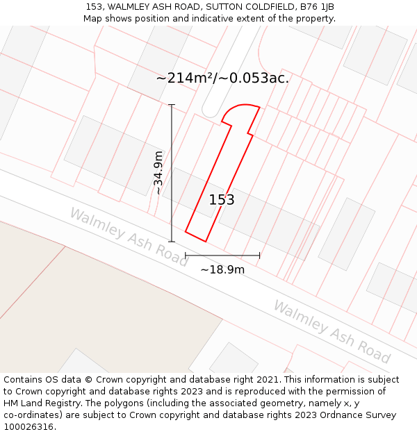 153, WALMLEY ASH ROAD, SUTTON COLDFIELD, B76 1JB: Plot and title map