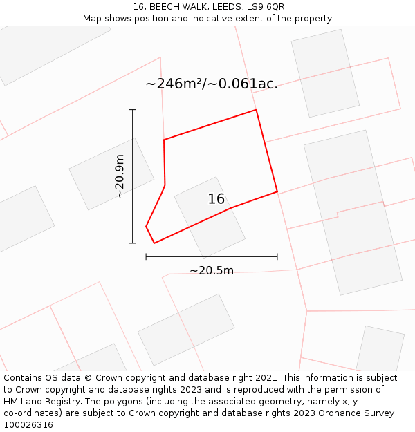 16, BEECH WALK, LEEDS, LS9 6QR: Plot and title map