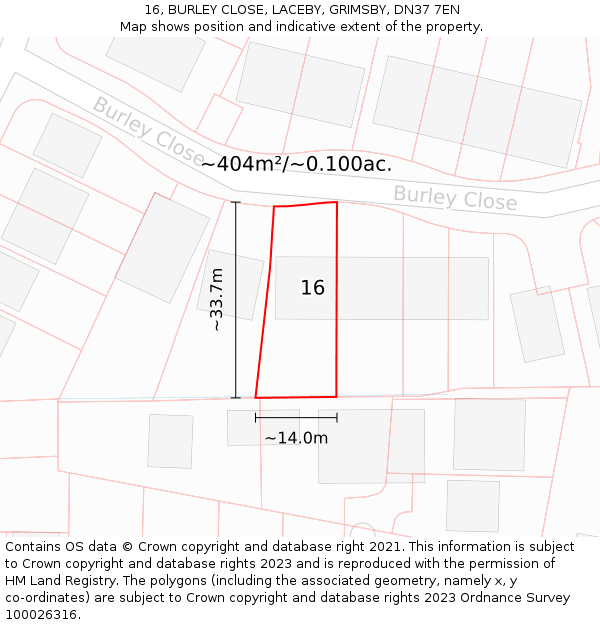 16, BURLEY CLOSE, LACEBY, GRIMSBY, DN37 7EN: Plot and title map