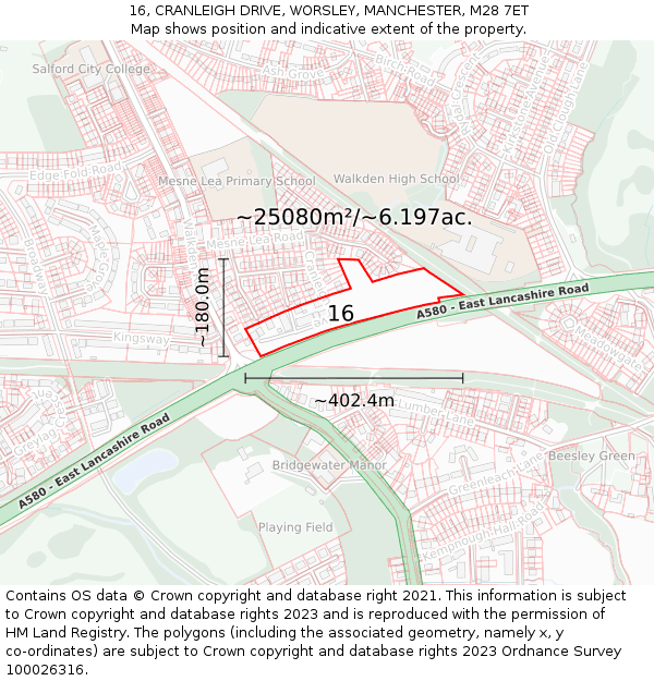 16, CRANLEIGH DRIVE, WORSLEY, MANCHESTER, M28 7ET: Plot and title map
