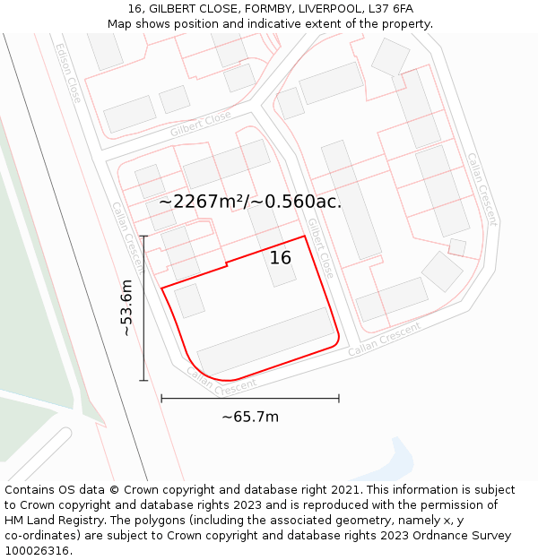 16, GILBERT CLOSE, FORMBY, LIVERPOOL, L37 6FA: Plot and title map