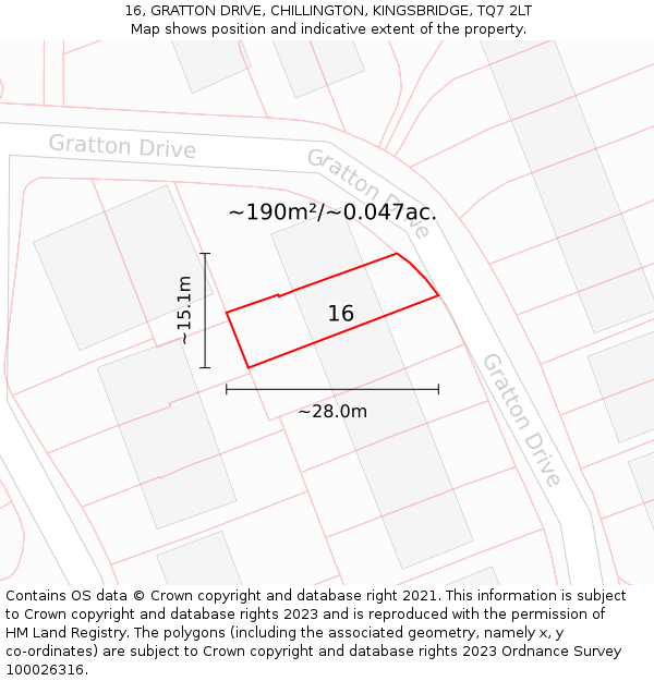 16, GRATTON DRIVE, CHILLINGTON, KINGSBRIDGE, TQ7 2LT: Plot and title map