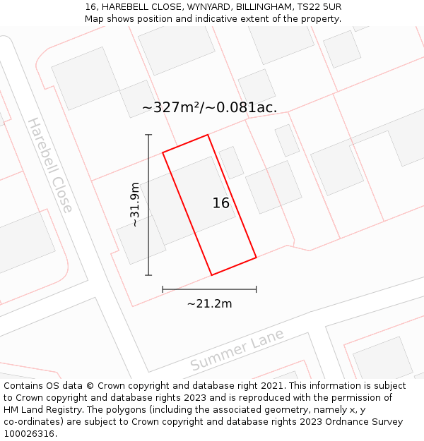 16, HAREBELL CLOSE, WYNYARD, BILLINGHAM, TS22 5UR: Plot and title map