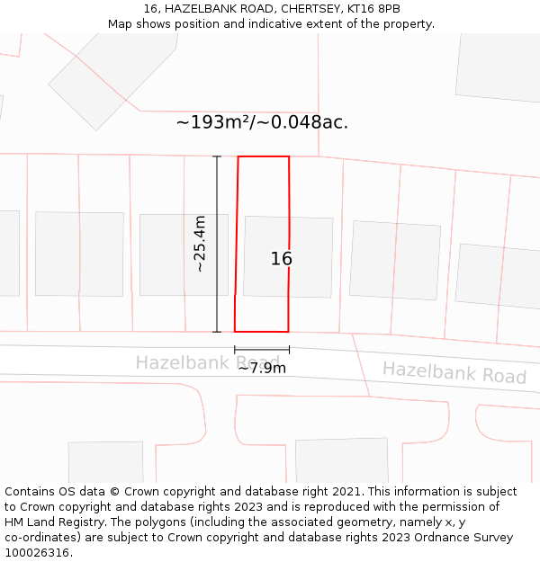 16, HAZELBANK ROAD, CHERTSEY, KT16 8PB: Plot and title map