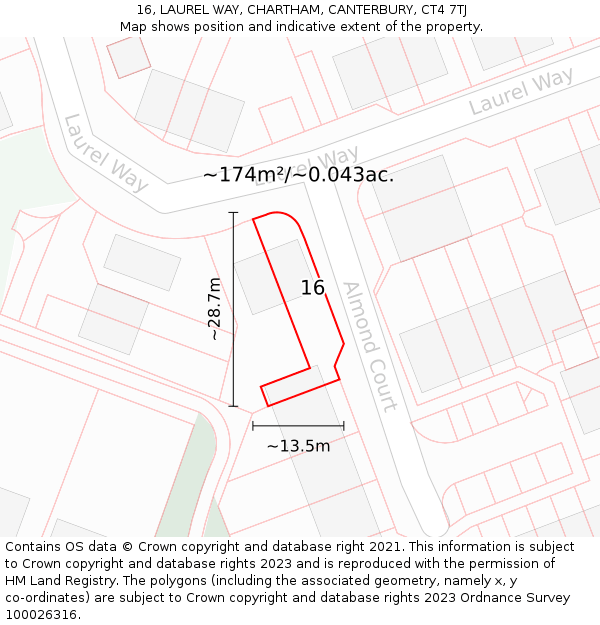 16, LAUREL WAY, CHARTHAM, CANTERBURY, CT4 7TJ: Plot and title map