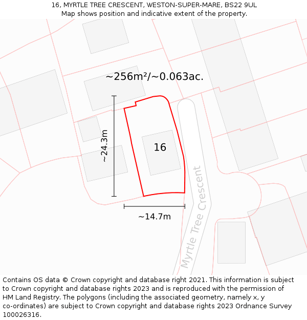 16, MYRTLE TREE CRESCENT, WESTON-SUPER-MARE, BS22 9UL: Plot and title map