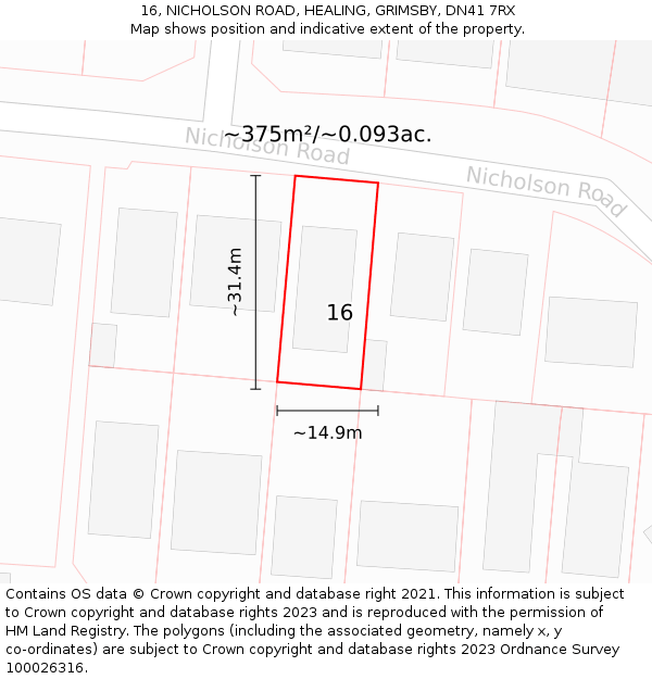 16, NICHOLSON ROAD, HEALING, GRIMSBY, DN41 7RX: Plot and title map