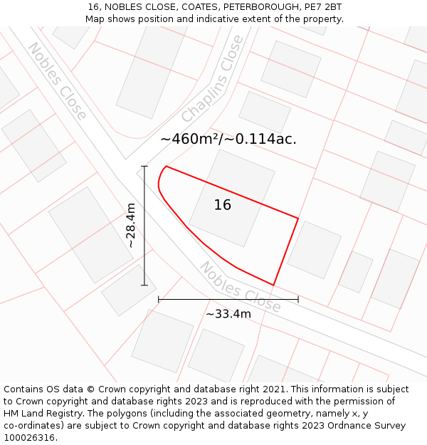 16, NOBLES CLOSE, COATES, PETERBOROUGH, PE7 2BT: Plot and title map