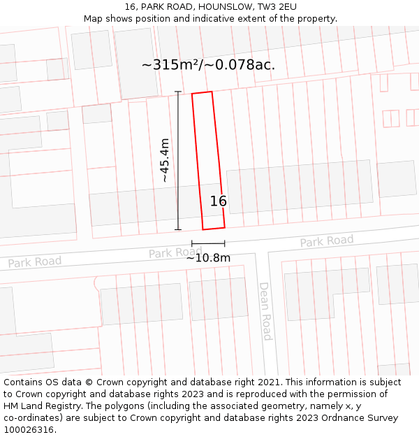 16, PARK ROAD, HOUNSLOW, TW3 2EU: Plot and title map