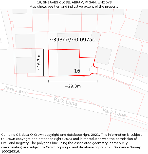 16, SHEAVES CLOSE, ABRAM, WIGAN, WN2 5YS: Plot and title map