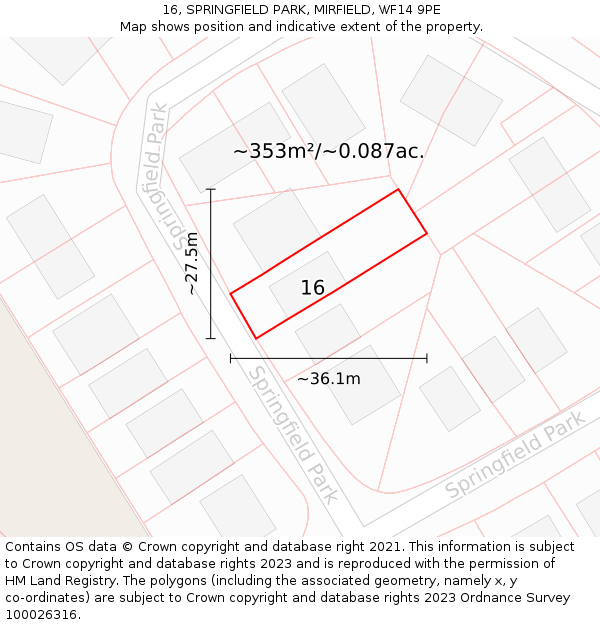 16, SPRINGFIELD PARK, MIRFIELD, WF14 9PE: Plot and title map