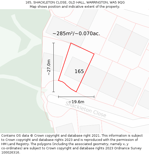 165, SHACKLETON CLOSE, OLD HALL, WARRINGTON, WA5 9QG: Plot and title map