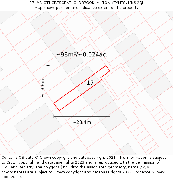 17, ARLOTT CRESCENT, OLDBROOK, MILTON KEYNES, MK6 2QL: Plot and title map