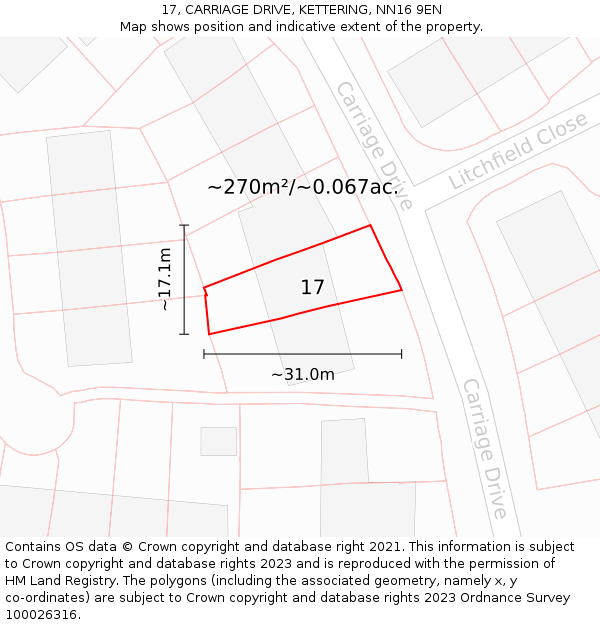 17, CARRIAGE DRIVE, KETTERING, NN16 9EN: Plot and title map