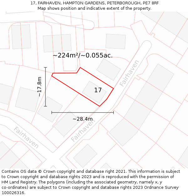17, FAIRHAVEN, HAMPTON GARDENS, PETERBOROUGH, PE7 8RF: Plot and title map