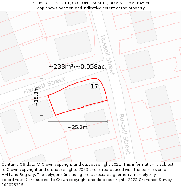 17, HACKETT STREET, COFTON HACKETT, BIRMINGHAM, B45 8FT: Plot and title map