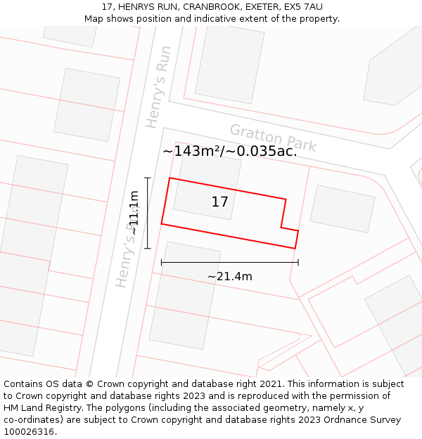 17, HENRYS RUN, CRANBROOK, EXETER, EX5 7AU: Plot and title map