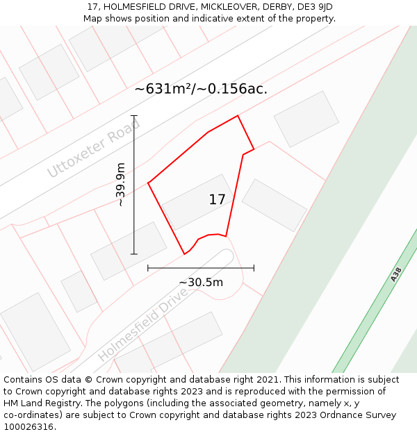 17, HOLMESFIELD DRIVE, MICKLEOVER, DERBY, DE3 9JD: Plot and title map