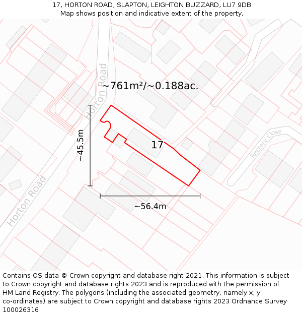 17, HORTON ROAD, SLAPTON, LEIGHTON BUZZARD, LU7 9DB: Plot and title map