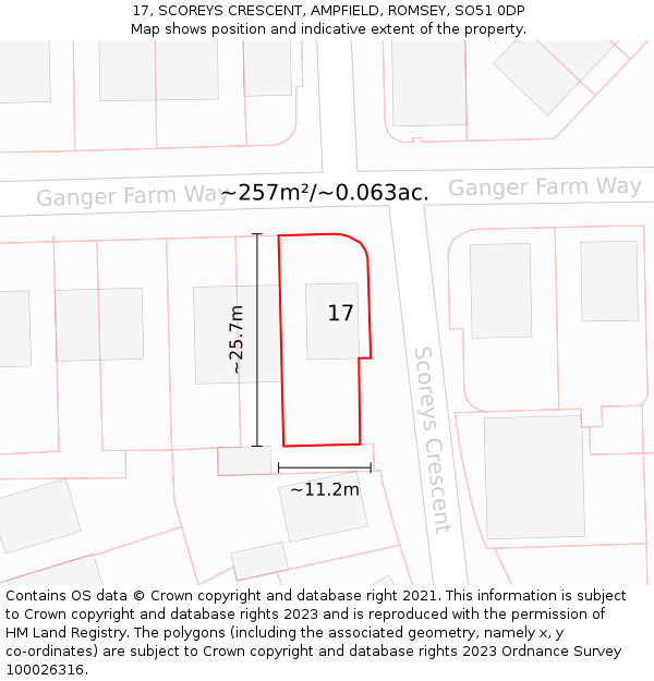 17, SCOREYS CRESCENT, AMPFIELD, ROMSEY, SO51 0DP: Plot and title map