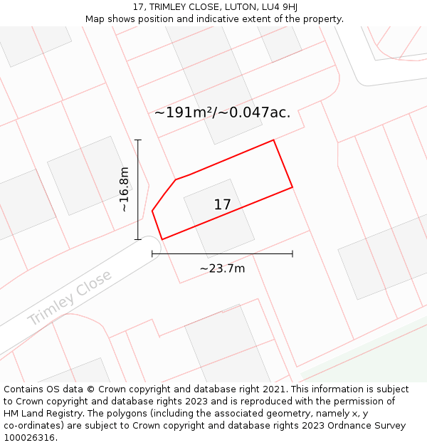 17, TRIMLEY CLOSE, LUTON, LU4 9HJ: Plot and title map