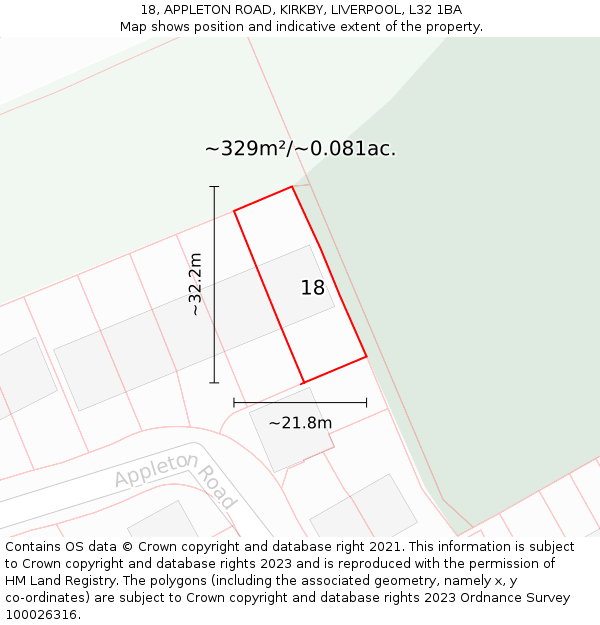 18, APPLETON ROAD, KIRKBY, LIVERPOOL, L32 1BA: Plot and title map