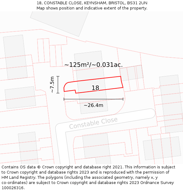 18, CONSTABLE CLOSE, KEYNSHAM, BRISTOL, BS31 2UN: Plot and title map
