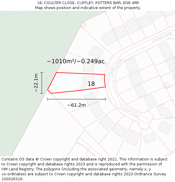 18, COULTER CLOSE, CUFFLEY, POTTERS BAR, EN6 4RR: Plot and title map