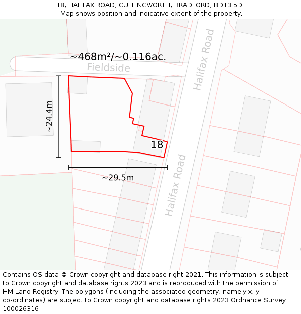 18, HALIFAX ROAD, CULLINGWORTH, BRADFORD, BD13 5DE: Plot and title map
