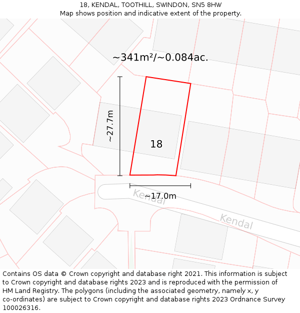 18, KENDAL, TOOTHILL, SWINDON, SN5 8HW: Plot and title map