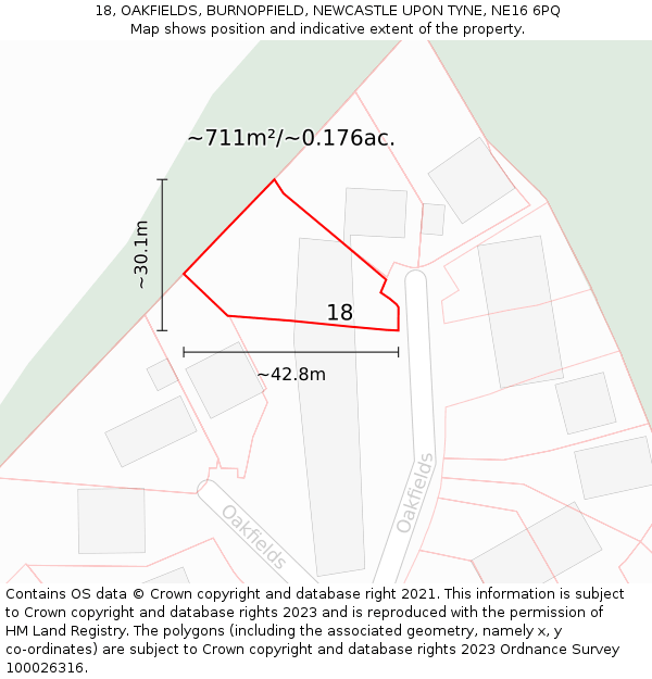 18, OAKFIELDS, BURNOPFIELD, NEWCASTLE UPON TYNE, NE16 6PQ: Plot and title map